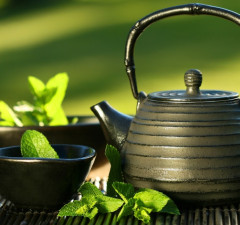 Black iron asian teapot with sprigs of mint for tea